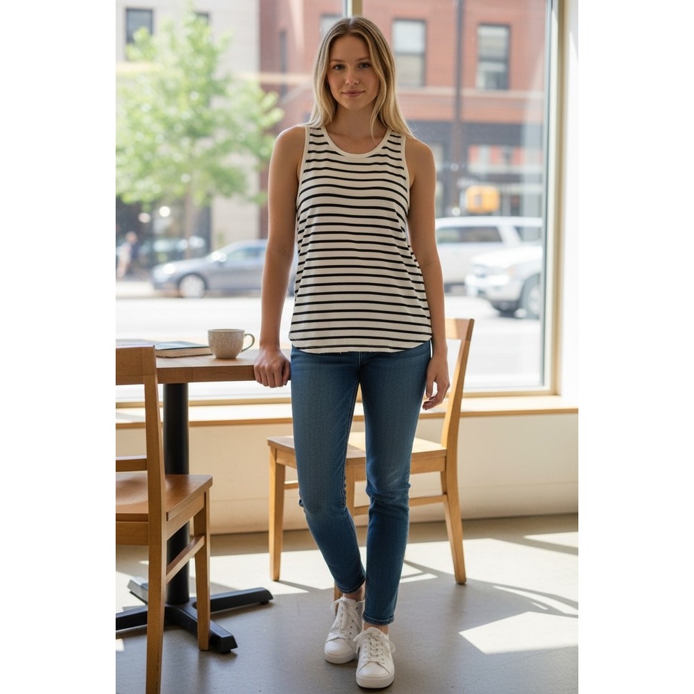 Aerie Black and White Striped destressed Muscle Tee